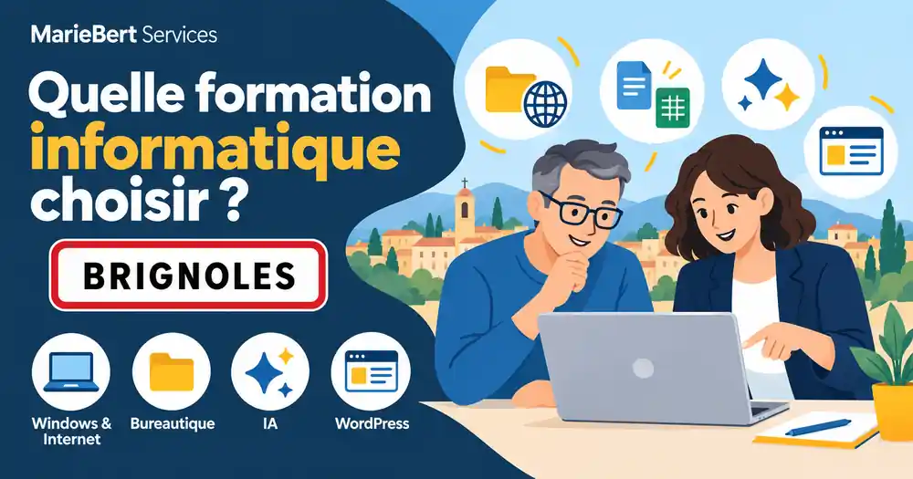 Choisir sa formation informatique à Brignoles : une formatrice accompagne un apprenant, avec les parcours Windows et Internet, bureautique, IA et WordPress.