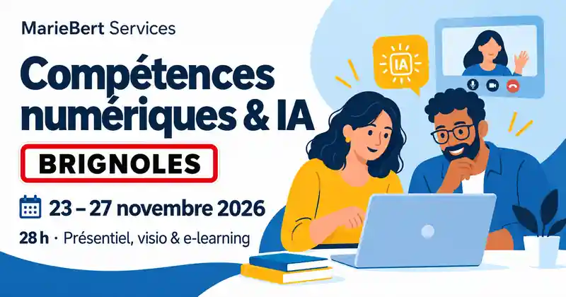 Formation Compétences numériques et IA à Brignoles du 23 au 27 novembre 2026, illustrée par des apprenants devant un ordinateur et un panneau de ville Brignoles.