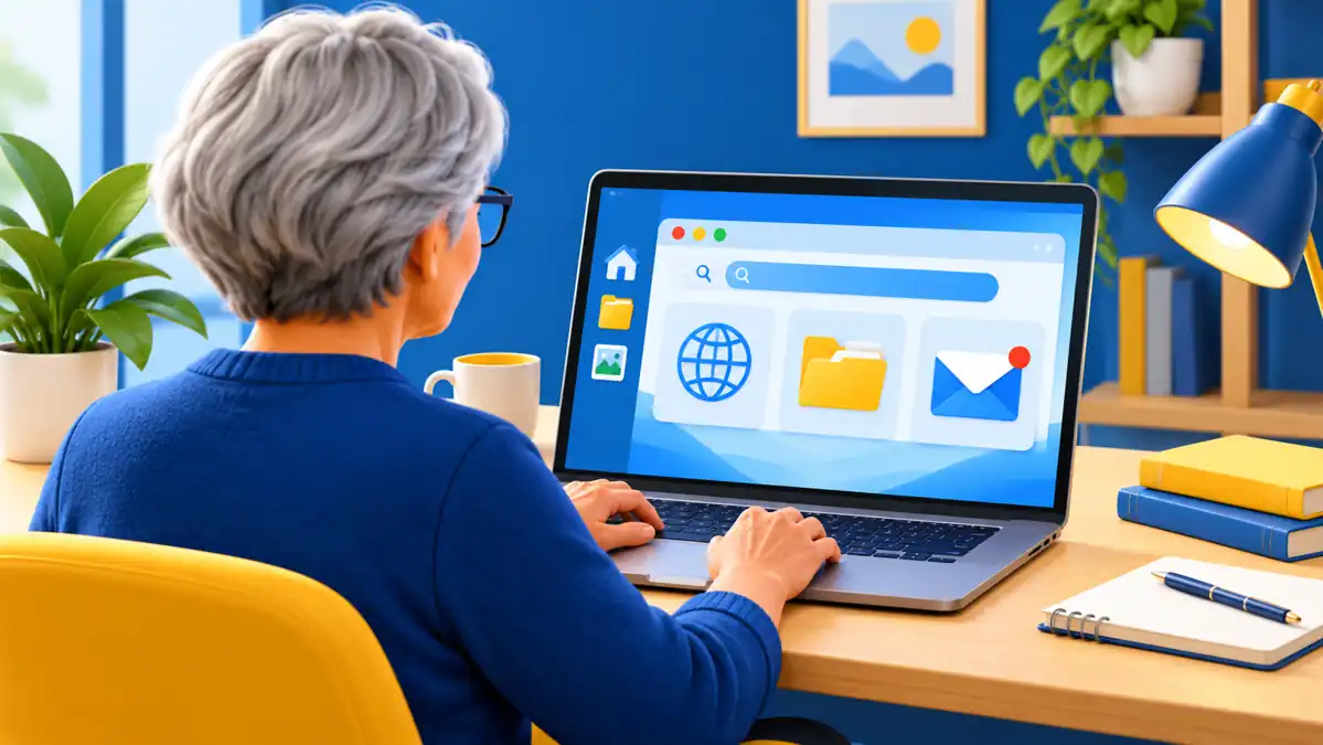 Adulte en initiation informatique utilisant un ordinateur portable pour naviguer sur Internet, gérer ses dossiers et ses courriels.
